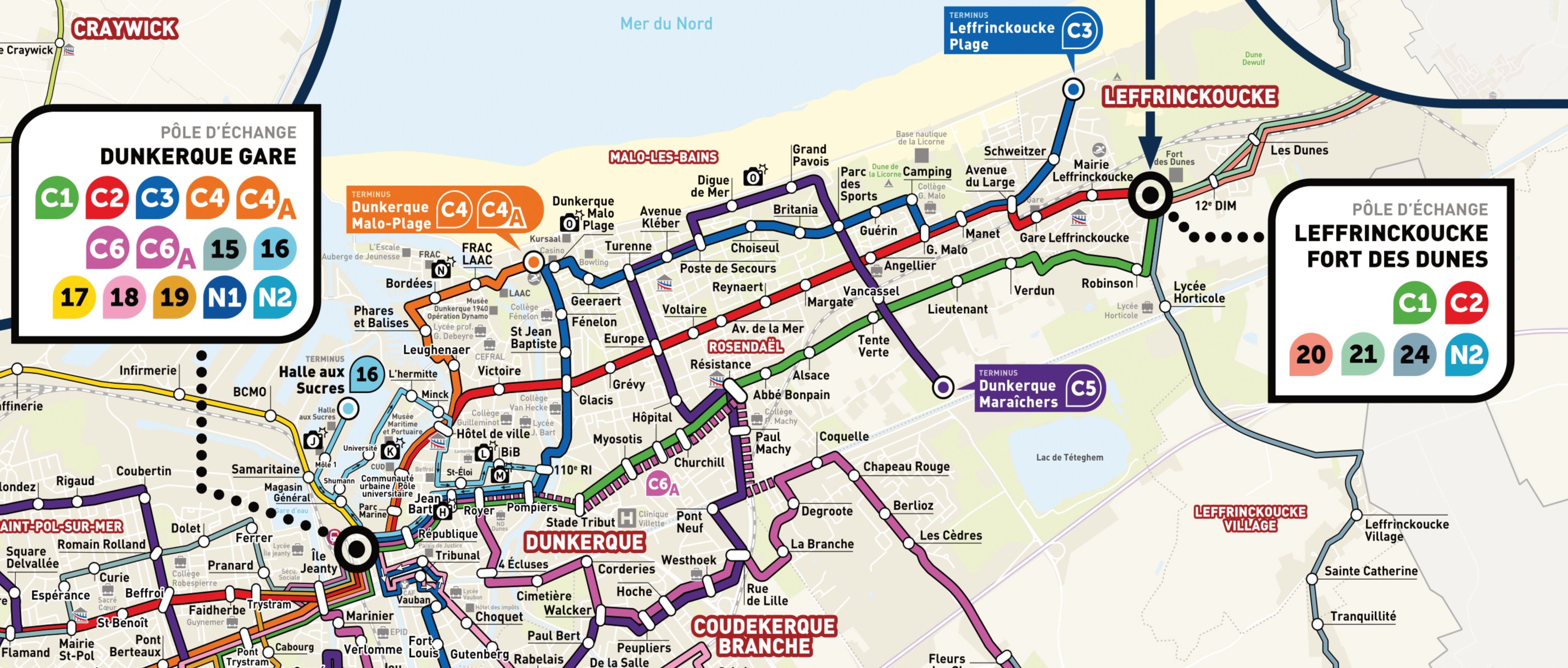 Carte des lignes de bus menant au Fort des Dunes de Leffrinckoucke