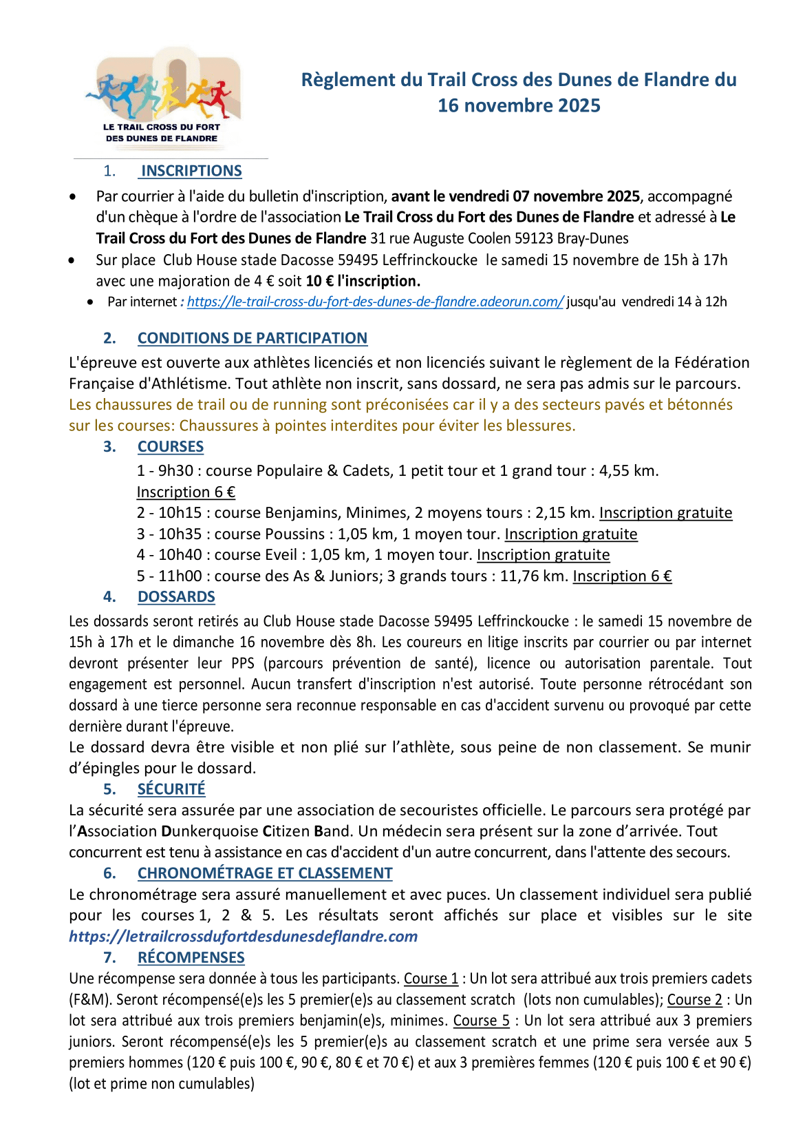 Première partie du règlement du Cross du Fort des Dunes de Flandre 2025